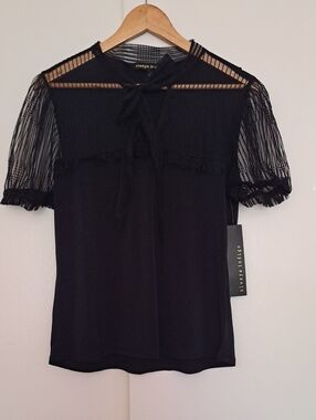 Always Indigo, Black  Sheer Puff Sleeve Tie-Front Blouse